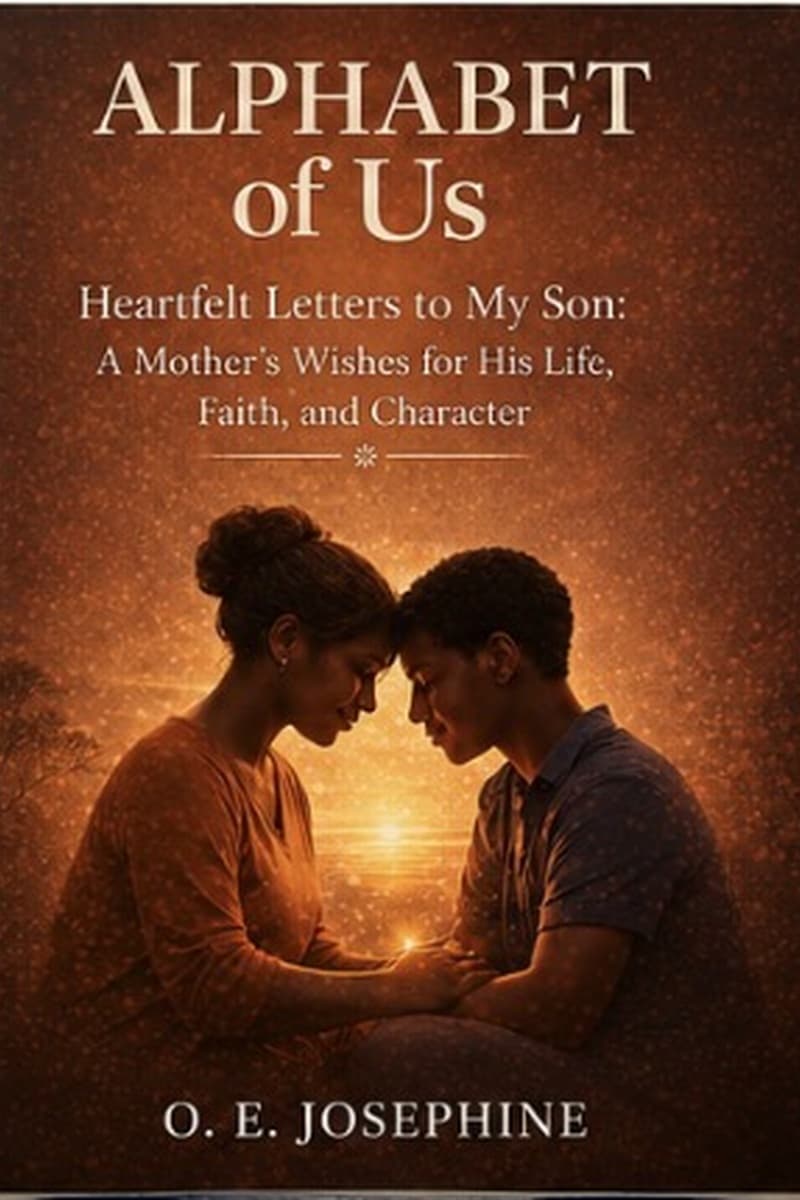 Front cover of Alphabet of Us by O. E. Josephine: a mother and her son rest their foreheads together against a glowing sunset.