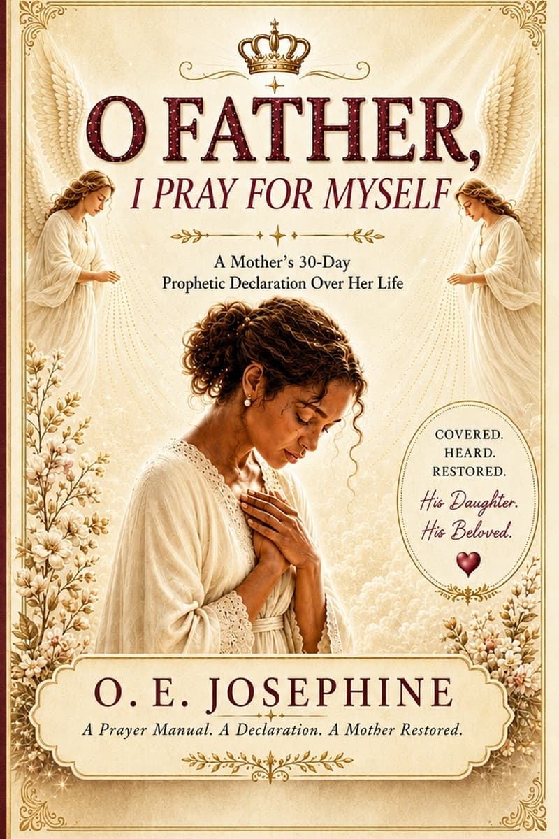 Front cover of O Father, I Pray for Myself by O. E. Josephine: a woman in cream holds her hands to her heart, framed by angels and white flowers.