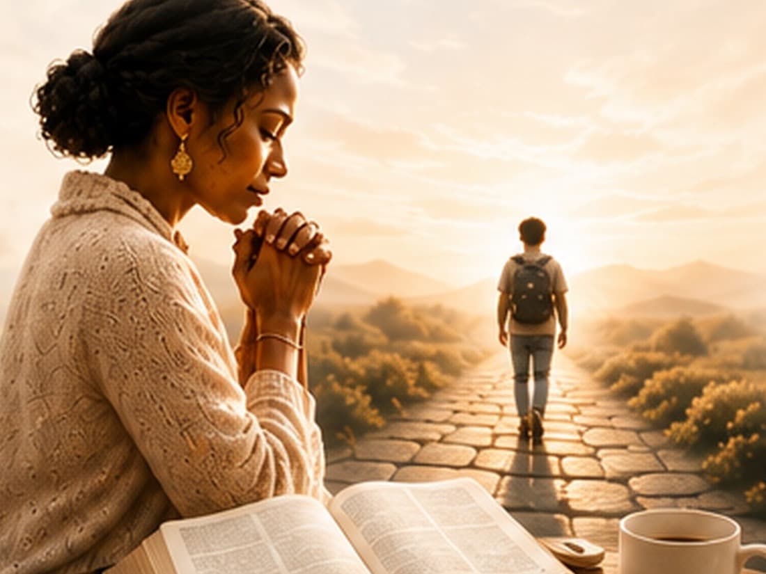 A mother prays with clasped hands beside an open Bible and a cup of coffee while her son walks a sunlit path toward the hills.